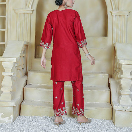 2 Piece Kurti Salwar Embroidery Set - Pure Cotton Collection Stylish Solid Color Light Weight Cotton Fabric Suit Top Bottom Salwar Kameez Indian Pakistani Embroidered Suit For Event Party Outdoor Dress - Maroon - Shop N Save