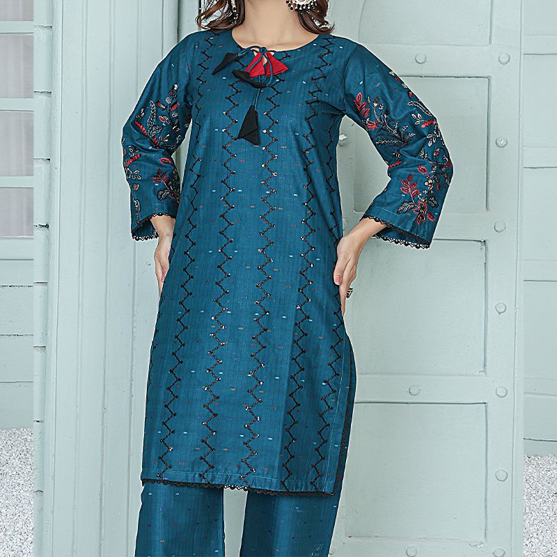 2 Piece Kurti Salwar Embroidery Set - Pure Cotton Collection Stylish Solid Color Light Weight Cotton Fabric Suit Top Bottom Salwar Kameez Indian Pakistani Embroidered Suit For Event Party Outdoor Dress - Dark Blue - Shop N Save