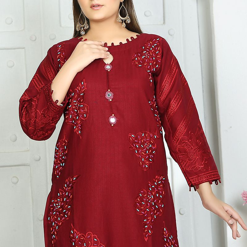 2 Piece Kurti Salwar Embroidery Set - Pure Cotton Collection Stylish Solid Color Light Weight Cotton Fabric Suit Top Bottom Salwar Kameez Indian Pakistani Embroidered Suit For Event Party Outdoor Dress - Maroon - Shop N Save