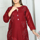 2 Piece Kurti Salwar Embroidery Set - Pure Cotton Collection Stylish Solid Color Light Weight Cotton Fabric Suit Top Bottom Salwar Kameez Indian Pakistani Embroidered Suit For Event Party Outdoor Dress - Maroon - Shop N Save