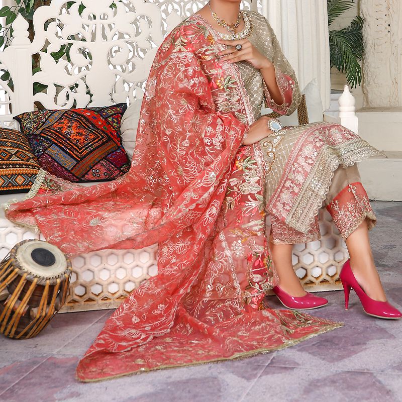 3 Piece Fancy Embroidery Dress - Stylish Light Weight Chiffon Organza Fabric Suit Indian Pakistani Fancy Embroidered Dress For Events Party Outdoor Dress - Khaki - Shop N Save