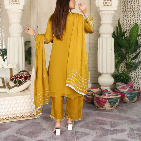 3 Piece Fancy Embroidery Dress - Stylish Light Weight Chiffon Organza Fabric Suit Indian Pakistani Fancy Embroidered Dress For Events Party Outdoor Dress - Golden - Shop N Save