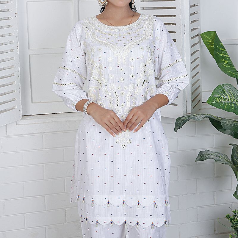 2 Piece Kurti Salwar Embroidery Set - Pure Cotton Collection Stylish Solid Color Light Weight Cotton Fabric Suit Top Bottom Salwar Kameez Indian Pakistani Embroidered Suit For Event Party Outdoor Dress - White - Shop N Save