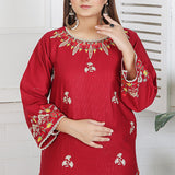 2 Piece Kurti Salwar Embroidery Set - Pure Cotton Collection Stylish Solid Color Light Weight Cotton Fabric Suit Top Bottom Salwar Kameez Indian Pakistani Embroidered Suit For Event Party Outdoor Dress - Maroon - Shop N Save