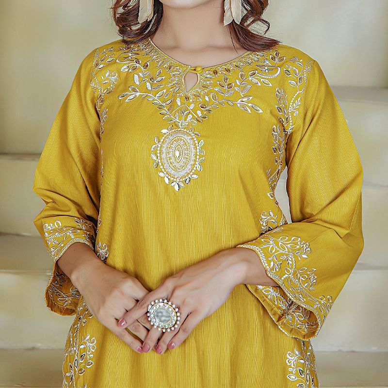 2 Piece Kurti Salwar Embroidery Set - Pure Cotton Collection Stylish Solid Color Light Weight Cotton Fabric Suit Top Bottom Salwar Kameez Indian Pakistani Embroidered Suit For Event Party Outdoor Dress - Yellow - Shop N Save