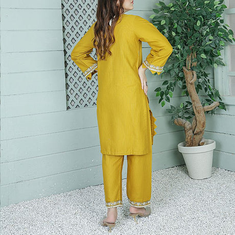 2 Piece Kurti Salwar Embroidery Set - Pure Cotton Collection Stylish Solid Color Light Weight Cotton Fabric Suit Top Bottom Salwar Kameez Indian Pakistani Embroidered Suit For Event Party Outdoor Dress - Yellow - Shop N Save