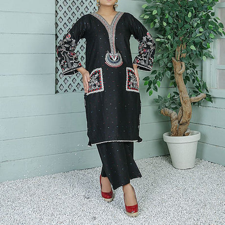2 Piece Kurti Salwar Embroidery Set - Pure Cotton Collection Stylish Solid Color Light Weight Cotton Fabric Suit Top Bottom Salwar Kameez Indian Pakistani Embroidered Suit For Event Party Outdoor Dress - Black - Shop N Save