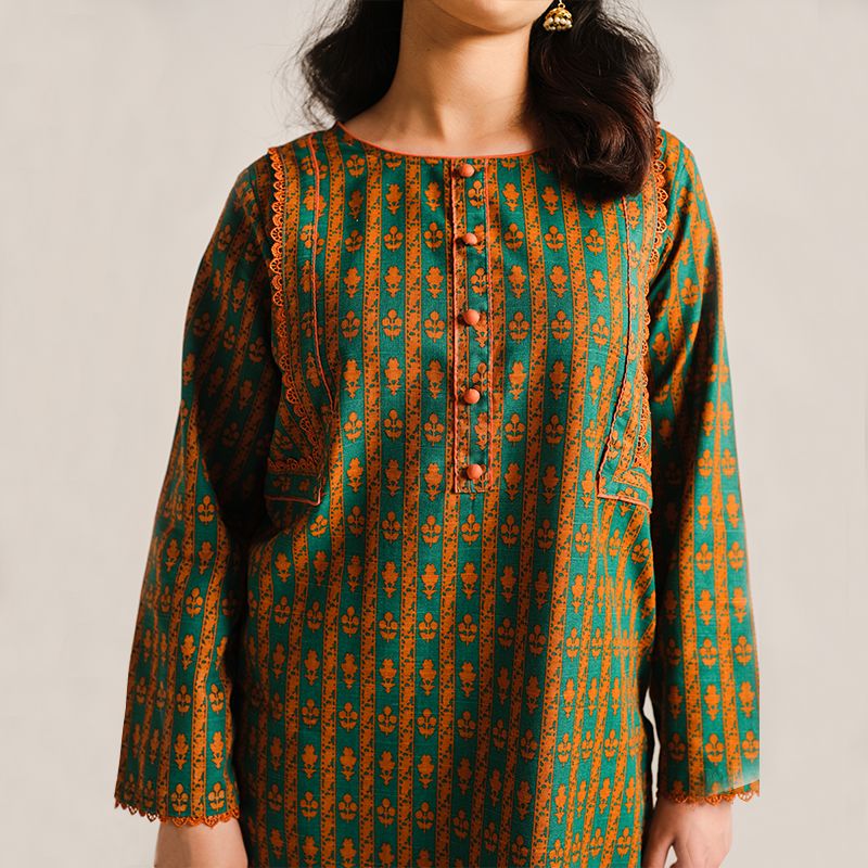 2 Piece Digital Print Kurti Salwar Set - Pure Cotton Collection Stylish Light Weight Cotton Fabric Suit Top Bottom Salwar Kameez Indian Pakistani Printed Suit For Casual Outdoor Dress - Dark Green - Shop N Save