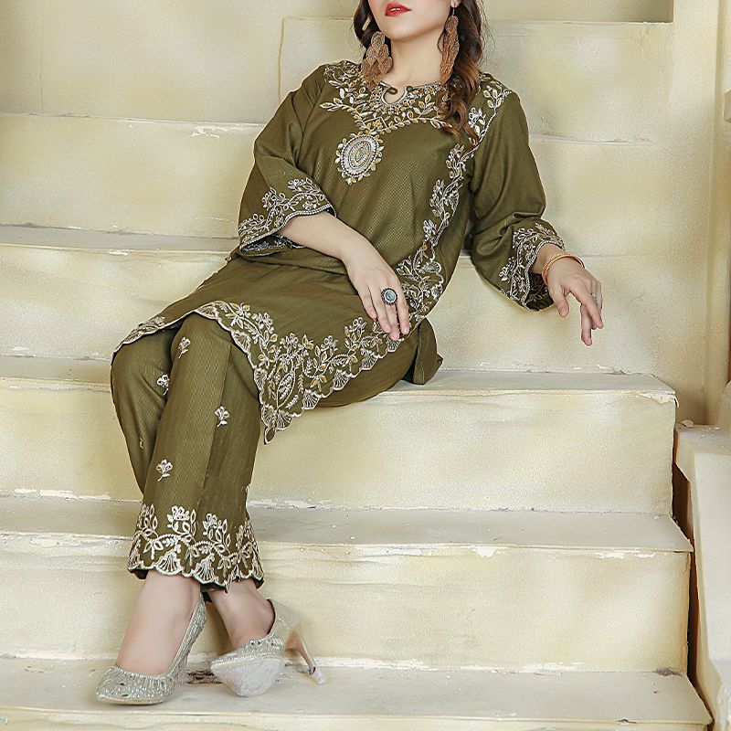 2 Piece Kurti Salwar Embroidery Set - Pure Cotton Collection Stylish Solid Color Light Weight Cotton Fabric Suit Top Bottom Salwar Kameez Indian Pakistani Embroidered Suit For Event Party Outdoor Dress - Dark Green - Shop N Save