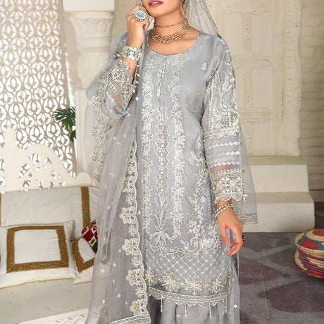 3 Piece Fancy Embroidery Dress - Stylish Light Weight Chiffon Organza Fabric Suit Indian Pakistani Fancy Embroidered Dress For Events Party Outdoor Dress - Gray - Shop N Save