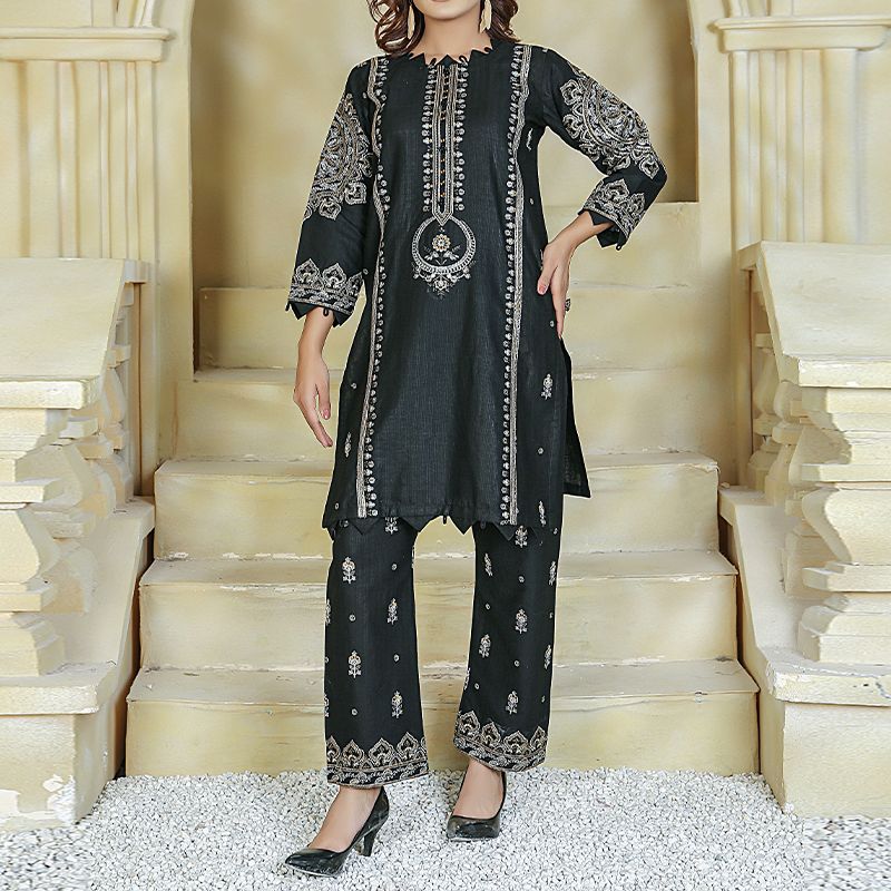 2 Piece Kurti Salwar Embroidery Set - Pure Cotton Collection Stylish Solid Color Light Weight Cotton Fabric Suit Top Bottom Salwar Kameez Indian Pakistani Embroidered Suit For Event Party Outdoor Dress - Black - Shop N Save