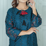 2 Piece Kurti Salwar Embroidery Set - Pure Cotton Collection Stylish Solid Color Light Weight Cotton Fabric Suit Top Bottom Salwar Kameez Indian Pakistani Embroidered Suit For Event Party Outdoor Dress - Dark Blue - Shop N Save