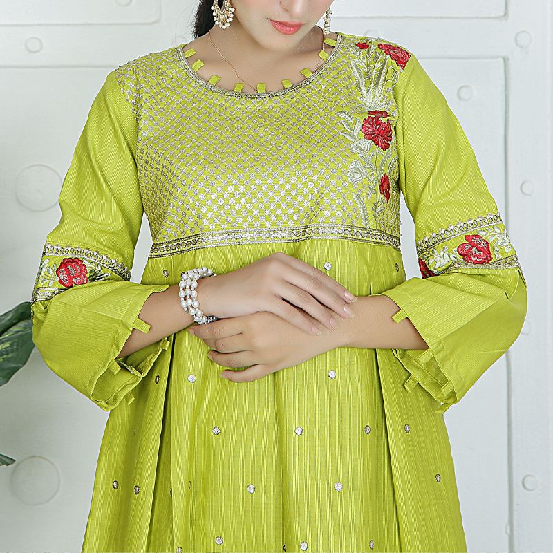 2 Piece Kurti Salwar Embroidery Set - Pure Cotton Collection Stylish Solid Color Light Weight Cotton Fabric Suit Top Bottom Salwar Kameez Indian Pakistani Embroidered Suit For Event Party Outdoor Dress - Green - Shop N Save