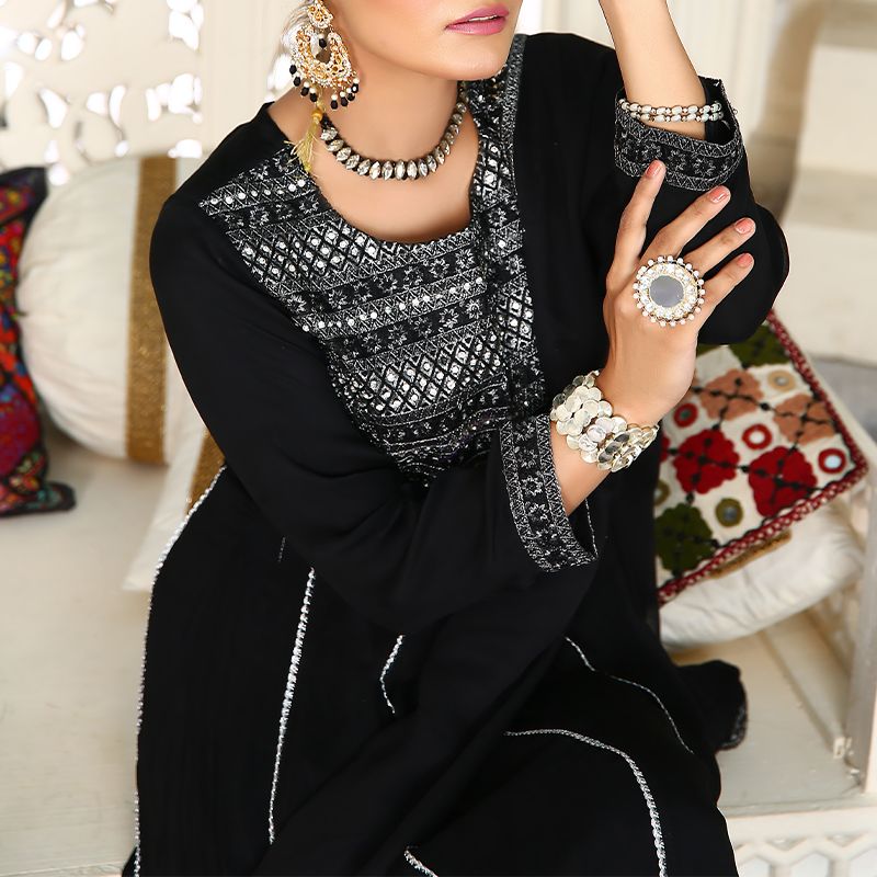 3 Piece Fancy Embroidery Dress - Stylish Light Weight Chiffon Fabric Suit Indian Pakistani Fancy Embroidered Dress For Events Party Outdoor Dress - Black - Shop N Save