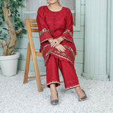2 Piece Kurti Salwar Embroidery Set - Pure Cotton Collection Stylish Solid Color Light Weight Cotton Fabric Suit Top Bottom Salwar Kameez Indian Pakistani Embroidered Suit For Event Party Outdoor Dress - Maroon - Shop N Save