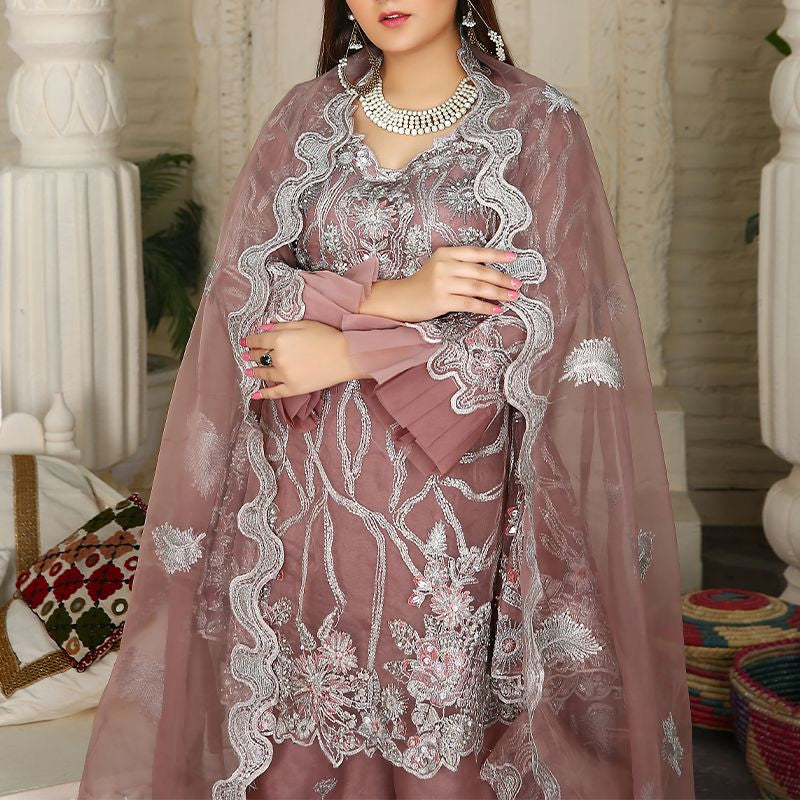 Piece Fancy Embroidery Dress - Stylish Light Weight Chiffon Organza Fabric Suit Indian Pakistani Fancy Embroidered Dress For Events Party Outdoor Dress - Dark Pink - Shop N Save