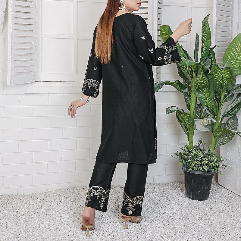 2 Piece Kurti Salwar Embroidery Set - Pure Cotton Collection Stylish Solid Color Light Weight Cotton Fabric Suit Top Bottom Salwar Kameez Indian Pakistani Embroidered Suit For Event Party Outdoor Dress - Black - Shop N Save