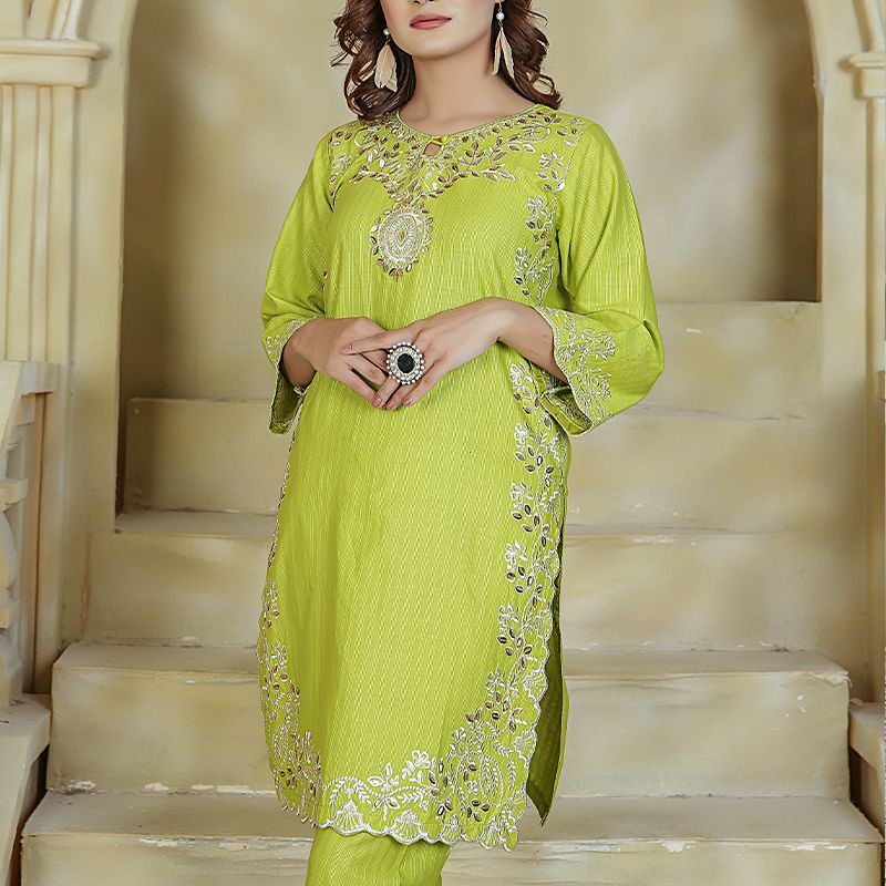 2 Piece Kurti Salwar Embroidery Set - Pure Cotton Collection Stylish Solid Color Light Weight Cotton Fabric Suit Top Bottom Salwar Kameez Indian Pakistani Embroidered Suit For Event Party Outdoor Dress - Green - Shop N Save