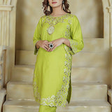 2 Piece Kurti Salwar Embroidery Set - Pure Cotton Collection Stylish Solid Color Light Weight Cotton Fabric Suit Top Bottom Salwar Kameez Indian Pakistani Embroidered Suit For Event Party Outdoor Dress - Green - Shop N Save