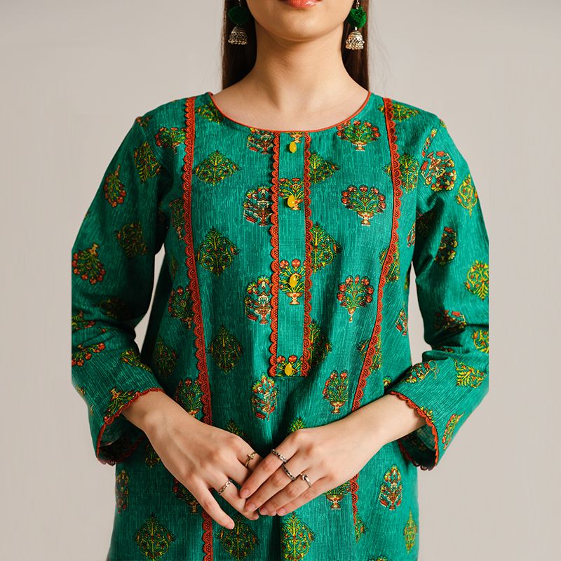 2 Piece Digital Print Kurti Salwar Set - Pure Cotton Collection Stylish Light Weight Cotton Fabric Suit Top Bottom Salwar Kameez Indian Pakistani Printed Suit For Casual Outdoor Dress - Dark Green - Shop N Save