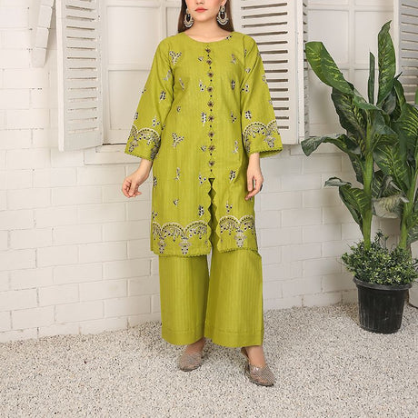 2 Piece Kurti Salwar Embroidery Set - Pure Cotton Collection Stylish Solid Color Light Weight Cotton Fabric Suit Top Bottom Salwar Kameez Indian Pakistani Embroidered Suit For Event Party Outdoor Dress - Green - Shop N Save