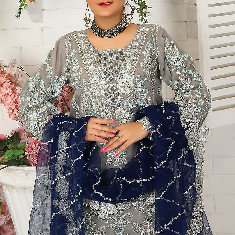 3 Piece Fancy Embroidery Dress - Stylish Light Weight Chiffon Organza Fabric Suit Indian Pakistani Fancy Embroidered Dress For Events Party Outdoor Dress - Gray - Shop N Save