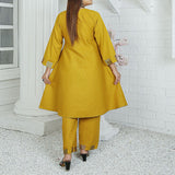 2 Piece Kurti Salwar Embroidery Set - Pure Cotton Collection Stylish Solid Color Light Weight Cotton Fabric Suit Top Bottom Salwar Kameez Indian Pakistani Embroidered Suit For Event Party Outdoor Dress - Golden - Shop N Save