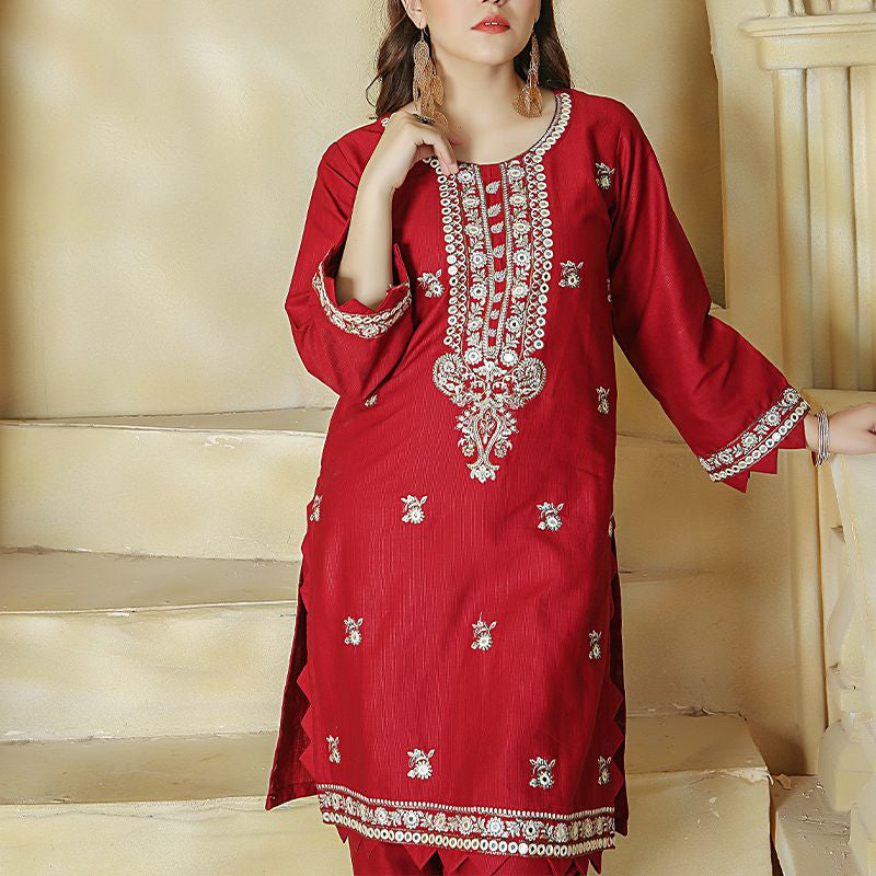 2 Piece Kurti Salwar Embroidery Set - Pure Cotton Collection Stylish Solid Color Light Weight Cotton Fabric Suit Top Bottom Salwar Kameez Indian Pakistani Embroidered Suit For Event Party Outdoor Dress - Maroon - Shop N Save