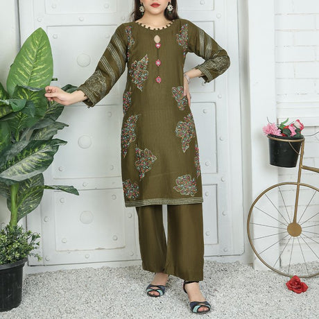 2 Piece Kurti Salwar Embroidery Set - Pure Cotton Collection Stylish Solid Color Light Weight Cotton Fabric Suit Top Bottom Salwar Kameez Indian Pakistani Embroidered Suit For Event Party Outdoor Dress - Dark Green - Shop N Save
