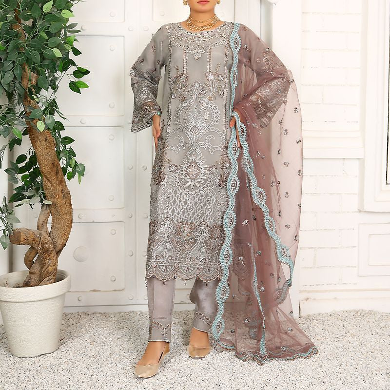 3 Piece Fancy Embroidery Dress - Stylish Light Weight Chiffon Organza Fabric Suit Indian Pakistani Fancy Embroidered Dress For Events Party Outdoor Dress - Gray - Shop N Save