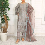 3 Piece Fancy Embroidery Dress - Stylish Light Weight Chiffon Organza Fabric Suit Indian Pakistani Fancy Embroidered Dress For Events Party Outdoor Dress - Gray - Shop N Save