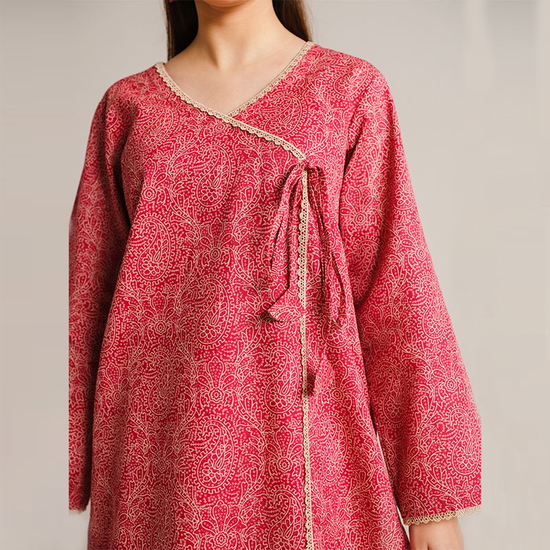 2 Piece Digital Print Kurti Salwar Set - Pure Cotton Collection Stylish Light Weight Cotton Fabric Suit Top Bottom Salwar Kameez Indian Pakistani Printed Suit For Casual Outdoor Dress - Dark Pink - Shop N Save