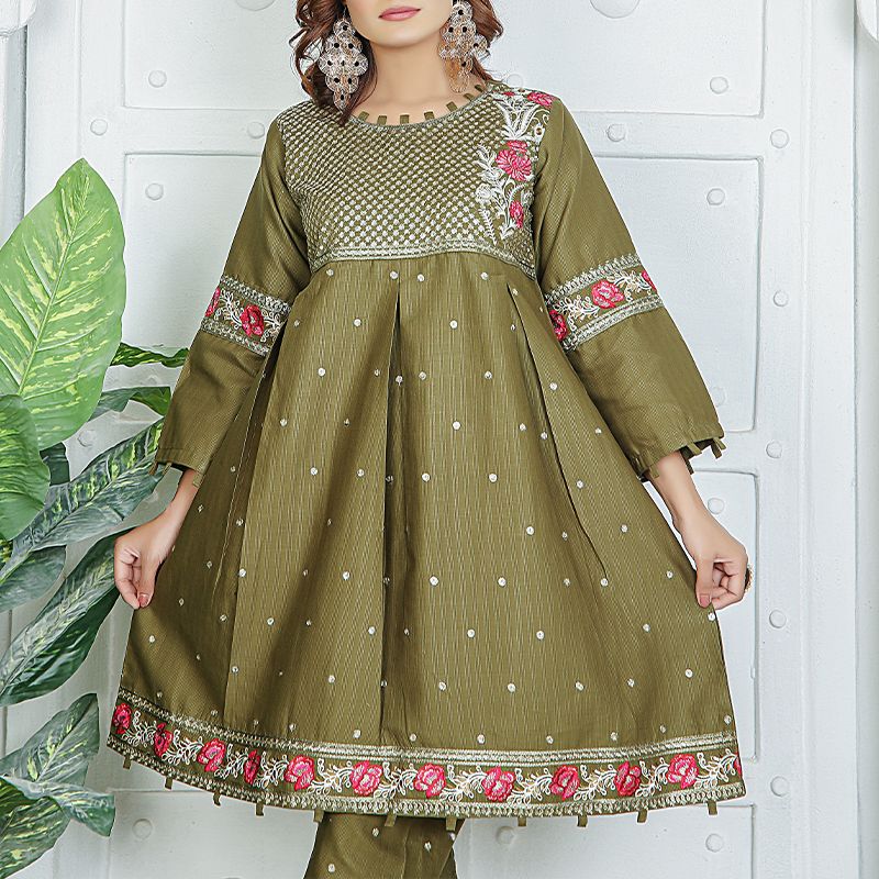2 Piece Kurti Salwar Embroidery Set - Pure Cotton Collection Stylish Solid Color Light Weight Cotton Fabric Suit Top Bottom Salwar Kameez Indian Pakistani Embroidered Suit For Event Party Outdoor Dress - Dark Green - Shop N Save