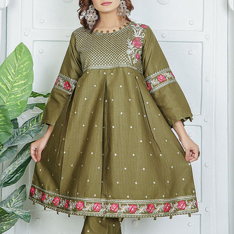 2 Piece Kurti Salwar Embroidery Set - Pure Cotton Collection Stylish Solid Color Light Weight Cotton Fabric Suit Top Bottom Salwar Kameez Indian Pakistani Embroidered Suit For Event Party Outdoor Dress - Dark Green - Shop N Save