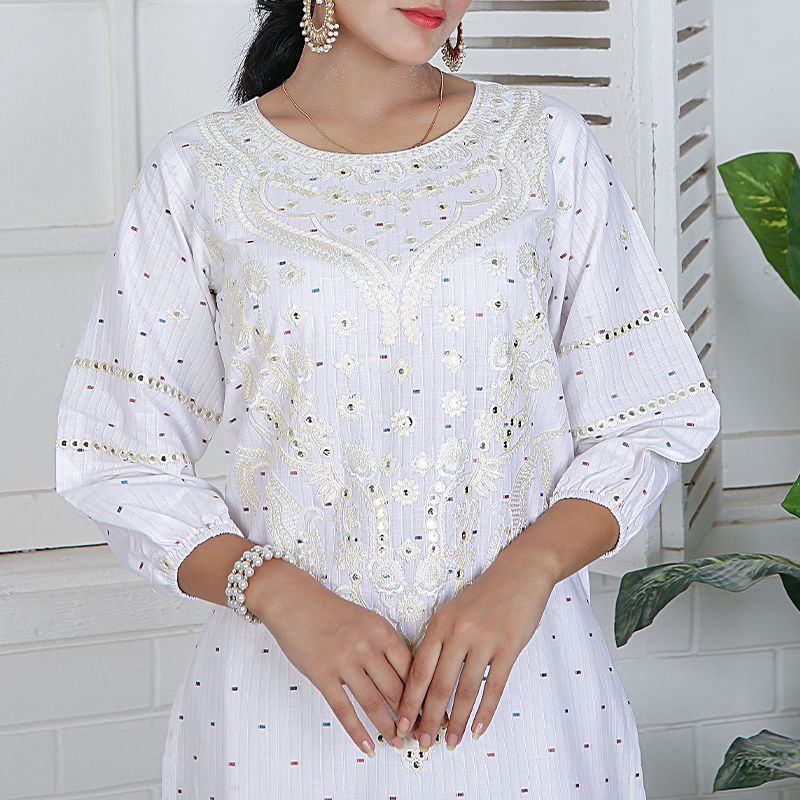 2 Piece Kurti Salwar Embroidery Set - Pure Cotton Collection Stylish Solid Color Light Weight Cotton Fabric Suit Top Bottom Salwar Kameez Indian Pakistani Embroidered Suit For Event Party Outdoor Dress - White - Shop N Save