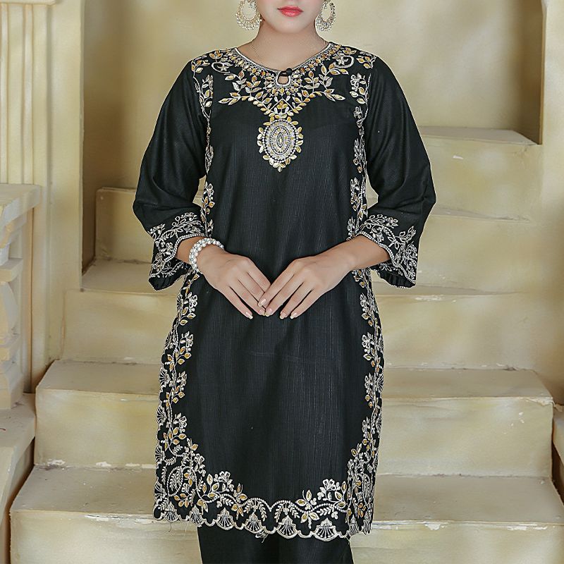 2 Piece Kurti Salwar Embroidery Set - Pure Cotton Collection Stylish Solid Color Light Weight Cotton Fabric Suit Top Bottom Salwar Kameez Indian Pakistani Embroidered Suit For Event Party Outdoor Dress - Black - Shop N Save