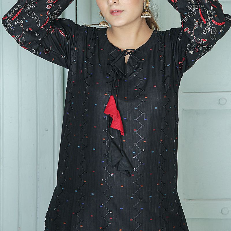 2 Piece Kurti Salwar Embroidery Set - Pure Cotton Collection Stylish Solid Color Light Weight Cotton Fabric Suit Top Bottom Salwar Kameez Indian Pakistani Embroidered Suit For Event Party Outdoor Dress - Black - Shop N Save