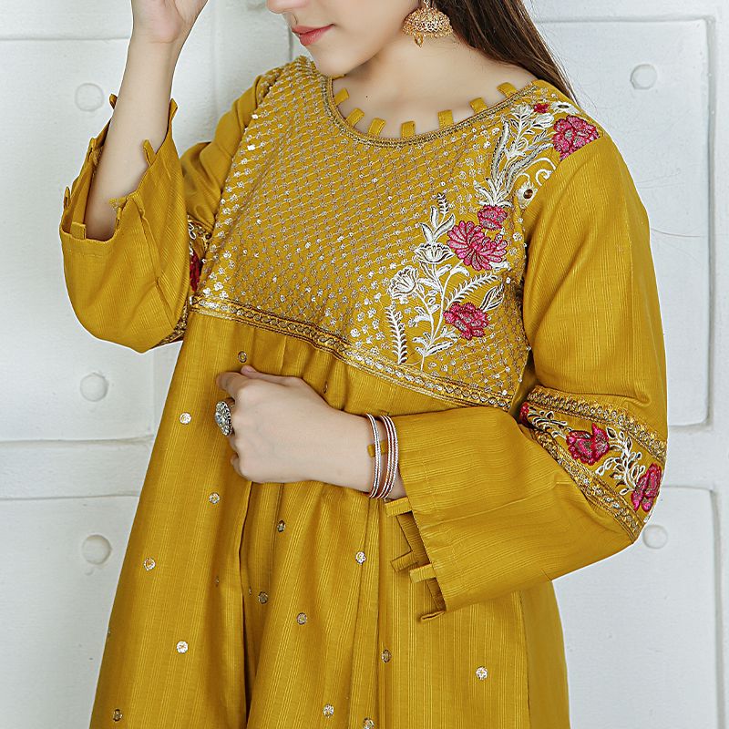 2 Piece Kurti Salwar Embroidery Set - Pure Cotton Collection Stylish Solid Color Light Weight Cotton Fabric Suit Top Bottom Salwar Kameez Indian Pakistani Embroidered Suit For Event Party Outdoor Dress - Golden - Shop N Save