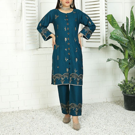2 Piece Kurti Salwar Embroidery Set - Pure Cotton Collection Stylish Solid Color Light Weight Cotton Fabric Suit Top Bottom Salwar Kameez Indian Pakistani Embroidered Suit For Event Party Outdoor Dress - Dark Blue - Shop N Save