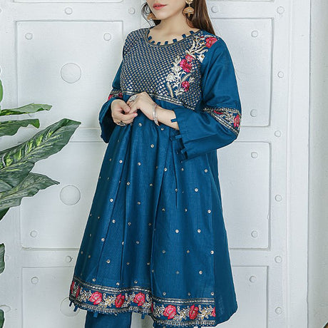 2 Piece Kurti Salwar Embroidery Set - Pure Cotton Collection Stylish Solid Color Light Weight Cotton Fabric Suit Top Bottom Salwar Kameez Indian Pakistani Embroidered Suit For Event Party Outdoor Dress - Dark Blue - Shop N Save