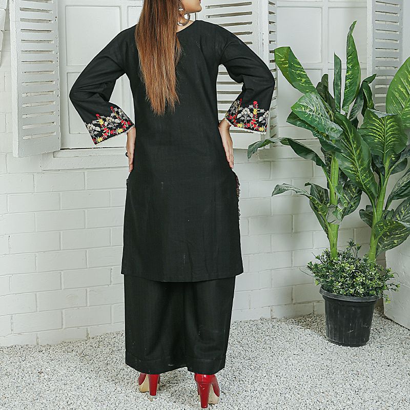 2 Piece Kurti Salwar Embroidery Set - Pure Cotton Collection Stylish Solid Color Light Weight Cotton Fabric Suit Top Bottom Salwar Kameez Indian Pakistani Embroidered Suit For Event Party Outdoor Dress - Black - Shop N Save