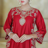2 Piece Kurti Salwar Embroidery Set - Pure Cotton Collection Stylish Solid Color Light Weight Cotton Fabric Suit Top Bottom Salwar Kameez Indian Pakistani Embroidered Suit For Event Party Outdoor Dress - Maroon - Shop N Save