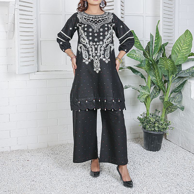 2 Piece Kurti Salwar Embroidery Set - Pure Cotton Collection Stylish Solid Color Light Weight Cotton Fabric Suit Top Bottom Salwar Kameez Indian Pakistani Embroidered Suit For Event Party Outdoor Dress - Black - Shop N Save
