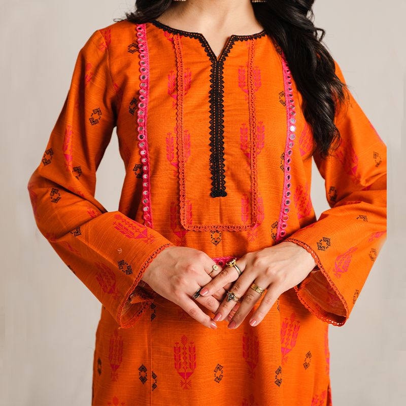 2 Piece Digital Print Kurti Salwar Set - Pure Cotton Collection Stylish Light Weight Cotton Fabric Suit Top Bottom Salwar Kameez Indian Pakistani Printed Suit For Casual Outdoor Dress - Orange - Shop N Save