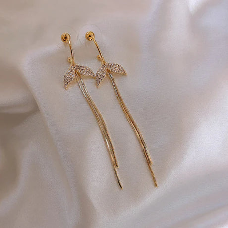Ladies Rhinestone Fish Tail Tassel Earrings - Golden - Shop N Save