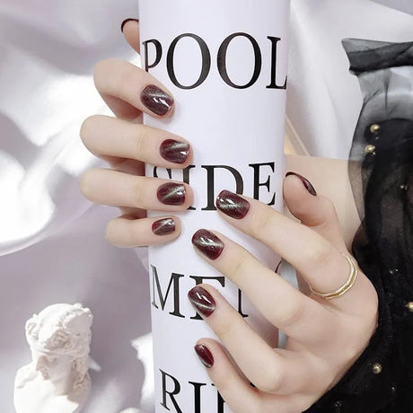 Dark Red Square Fake Nails - Full Cover, Cat Eye Acrylic, Nail Glue Included - Shop N Save