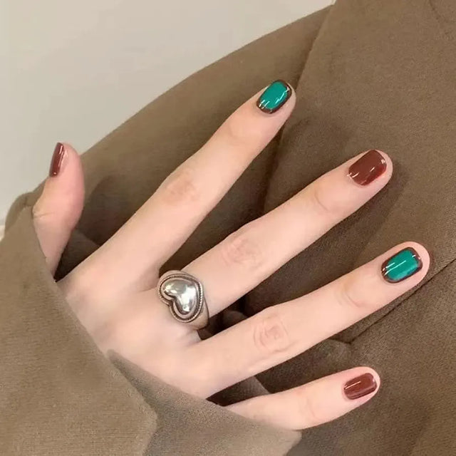 24 Pcs Emerald &amp; Maroon Square False Nails: Short Press-On &amp; Glue - Shop N Save