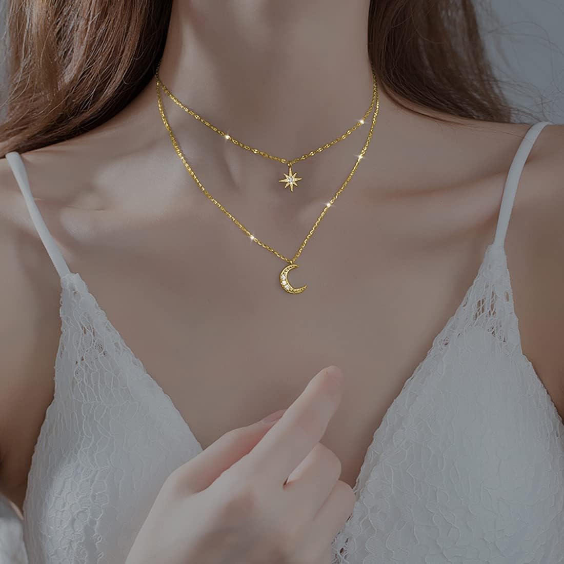 Sterling Golden Star Moon Choker: Layered Necklace for Women &amp; Teens - Shop N Save