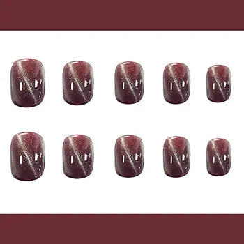 Dark Red Square Fake Nails - Full Cover, Cat Eye Acrylic, Nail Glue Included - Shop N Save