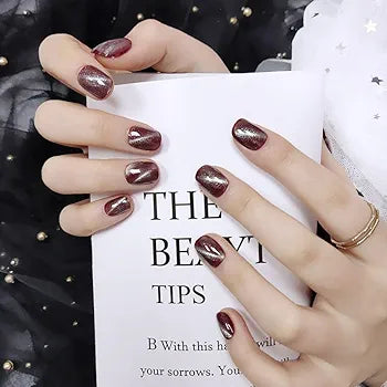 Dark Red Square Fake Nails - Full Cover, Cat Eye Acrylic, Nail Glue Included - Shop N Save